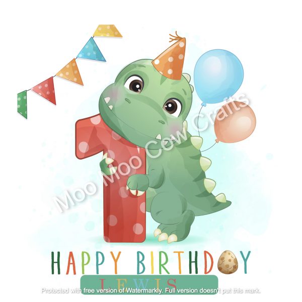 dinosaur with number 1 and balloons