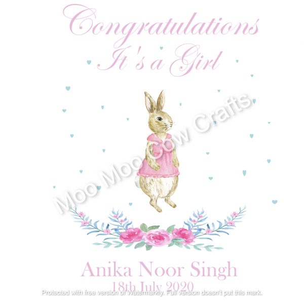its a girl card with rabbit and pink dress