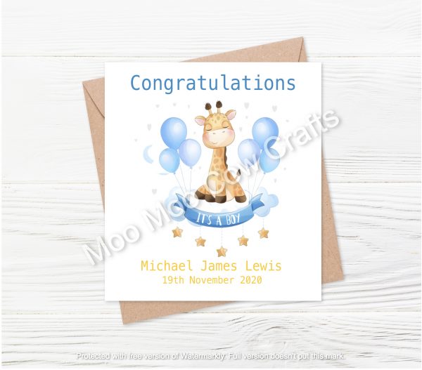 giraffe on blue banner and balloons