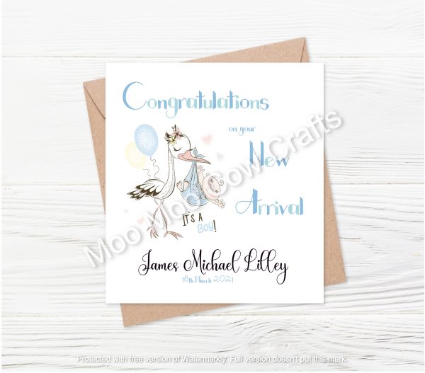 stork on white card with brown envelope