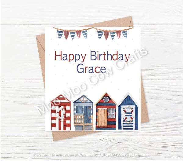 beach huts with bunting and text