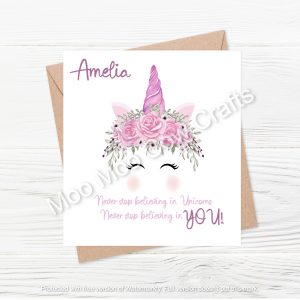 pink unicorn with horn and text