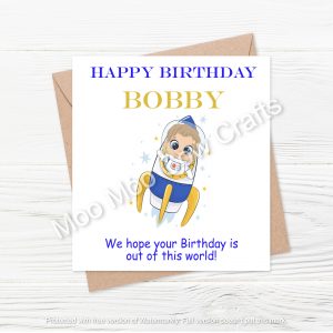 rocket with spaceman on white card