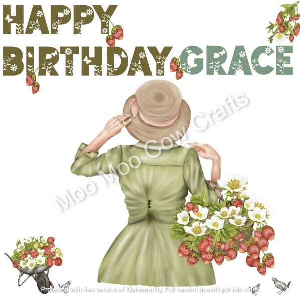 lady with basket and strawberries and wheelbarrow