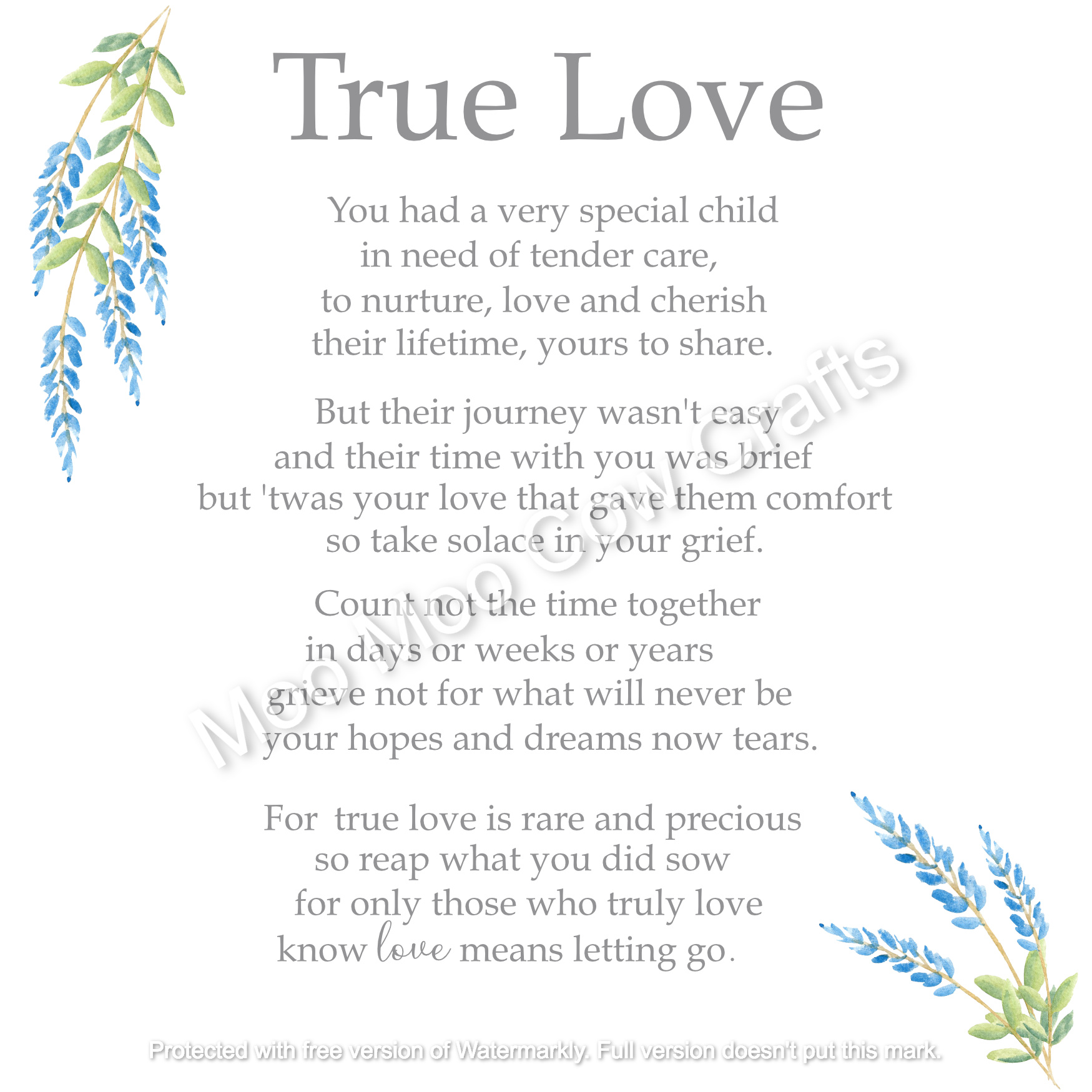 grey text on white background with blue and green flowers