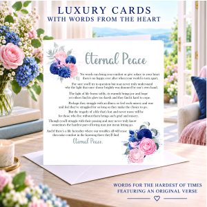 clip art images of pink and blue flowers with black text - siting on a white envelope in a room with pink and blue flowers and an open door - it's a sympathy card by Moo Moo Cow Crafts