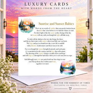 an open window with a sunset on the horizon - a table with a white card with clip art images of sunset and sunrise - it's a sympathy card