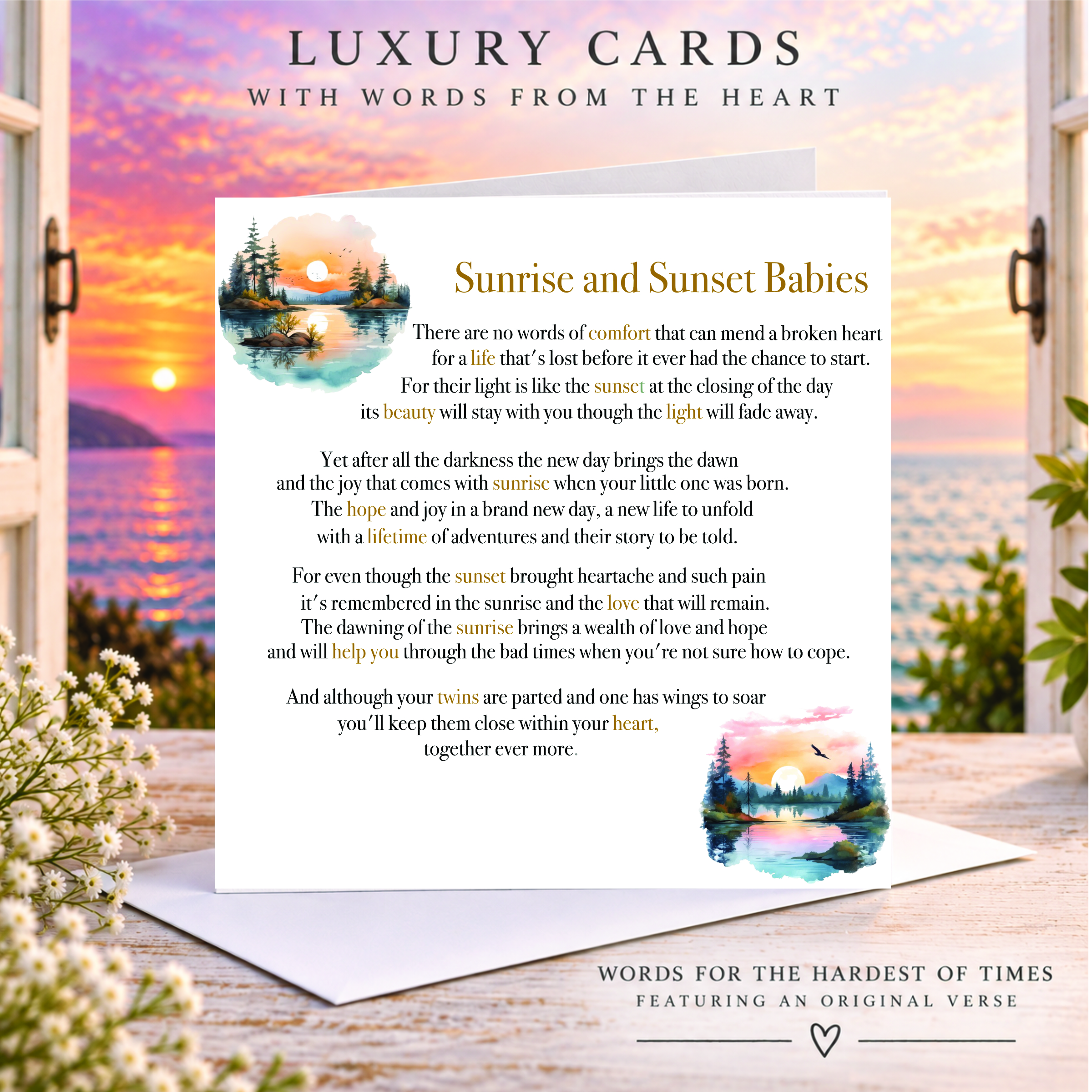 an open window with a sunset on the horizon - a table with a white card with clip art images of sunset and sunrise - it's a sympathy card
