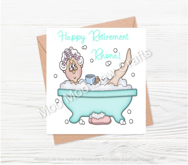 lady in a bath with bubbles on white wooden background with brown card