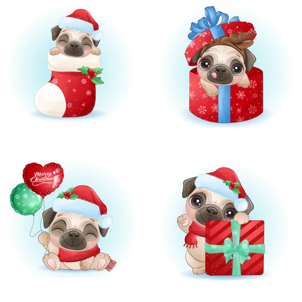 4 pugs cartoon on white background
