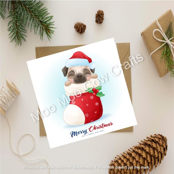 cartoon pug in a stocking with christmas pinecones