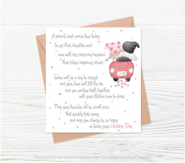 clipart couple in a car with text on a brown envelope with white wooden background