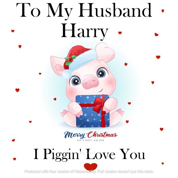 clipart pig with santa hat and gift on white background with black text