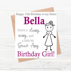 stick figure of a woman with grey and purple text on white background and white wood