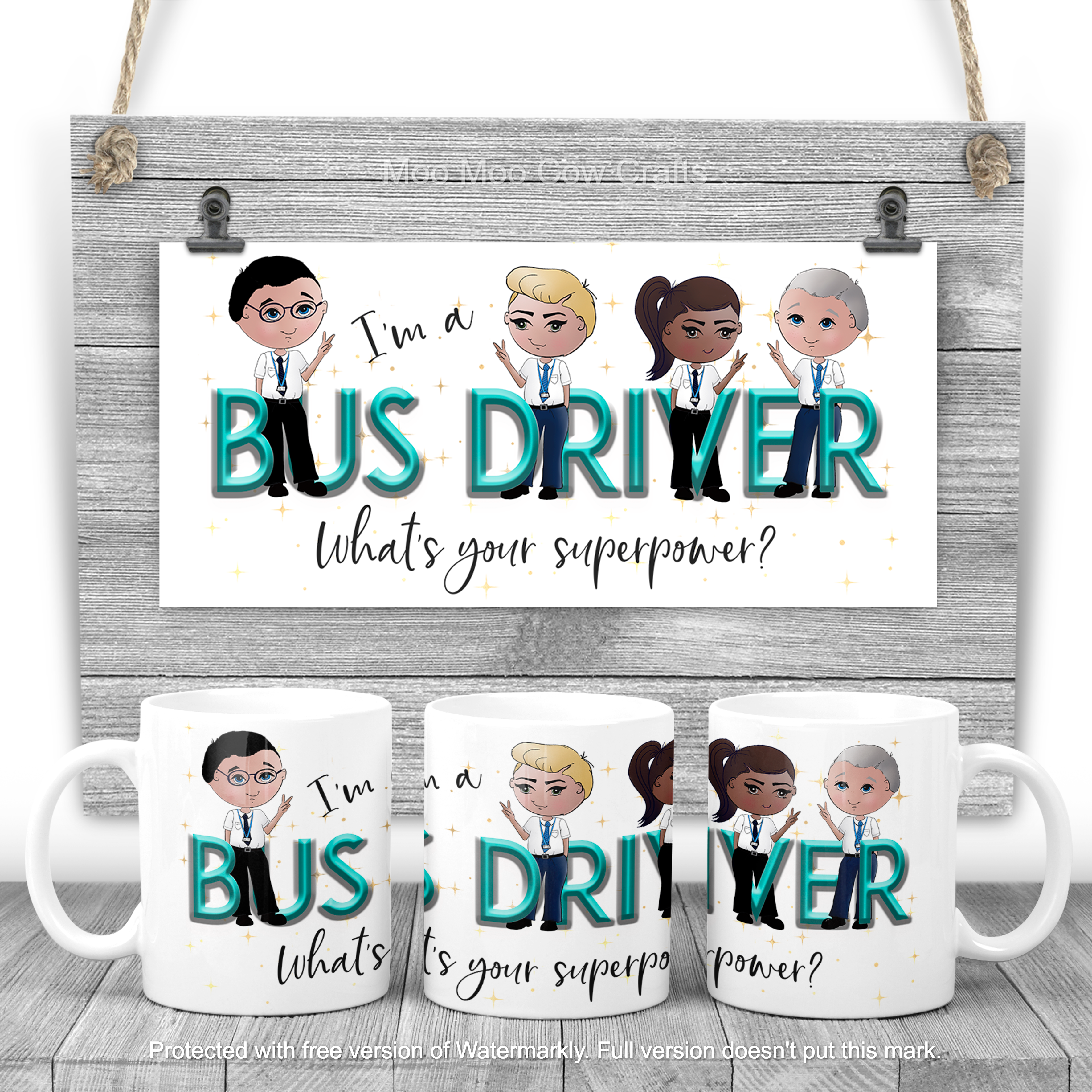 clipart figures on mugs and wooden background