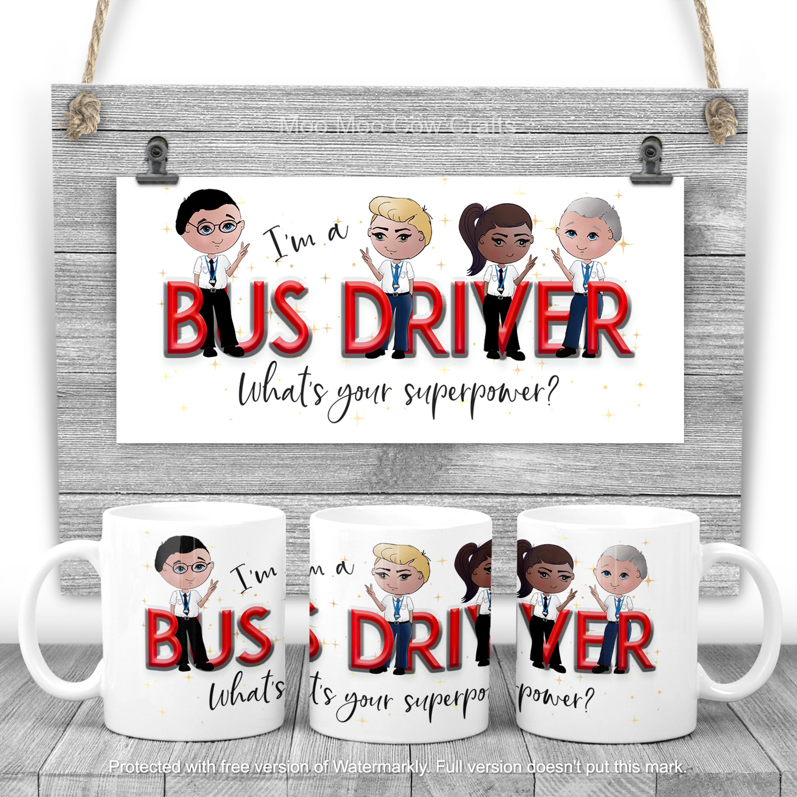 clipart figures on mugs and wooden background