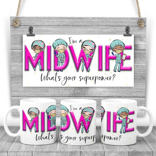 clipart figures with midwife in pink on wooden background
