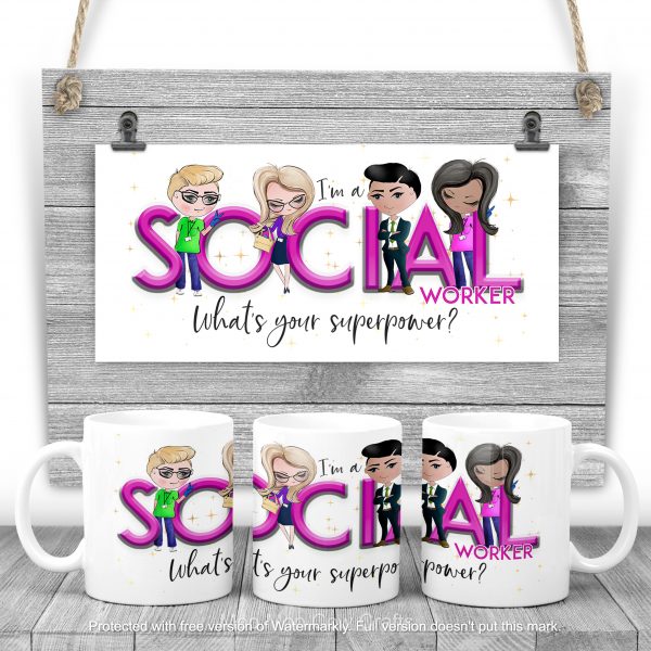 clipart figures with text on wooden background and mugs