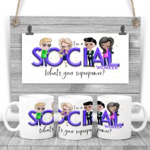 clipart figures on mugs with wooden background and text