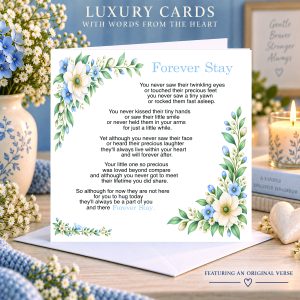 blue and white home background with a vase with flowers - white cxard standing on an anvelope with blue and cream flowers - it's a sympathy card by Moo Moo Cow Crafts