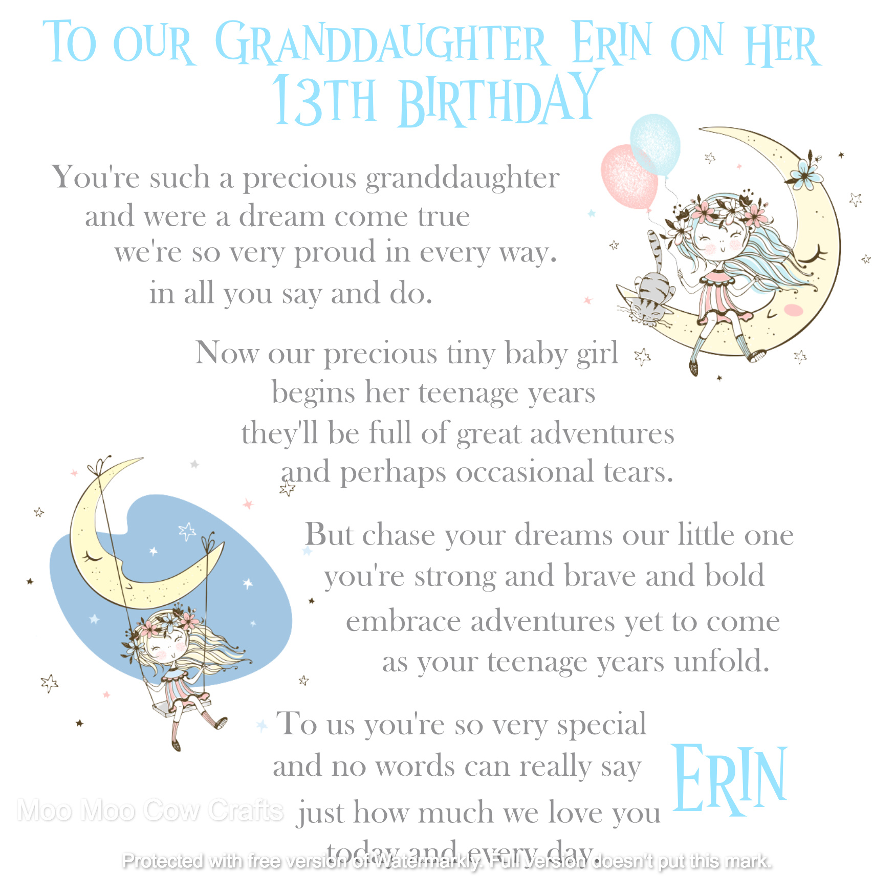 clipart of girl swinging on moon and text on white background