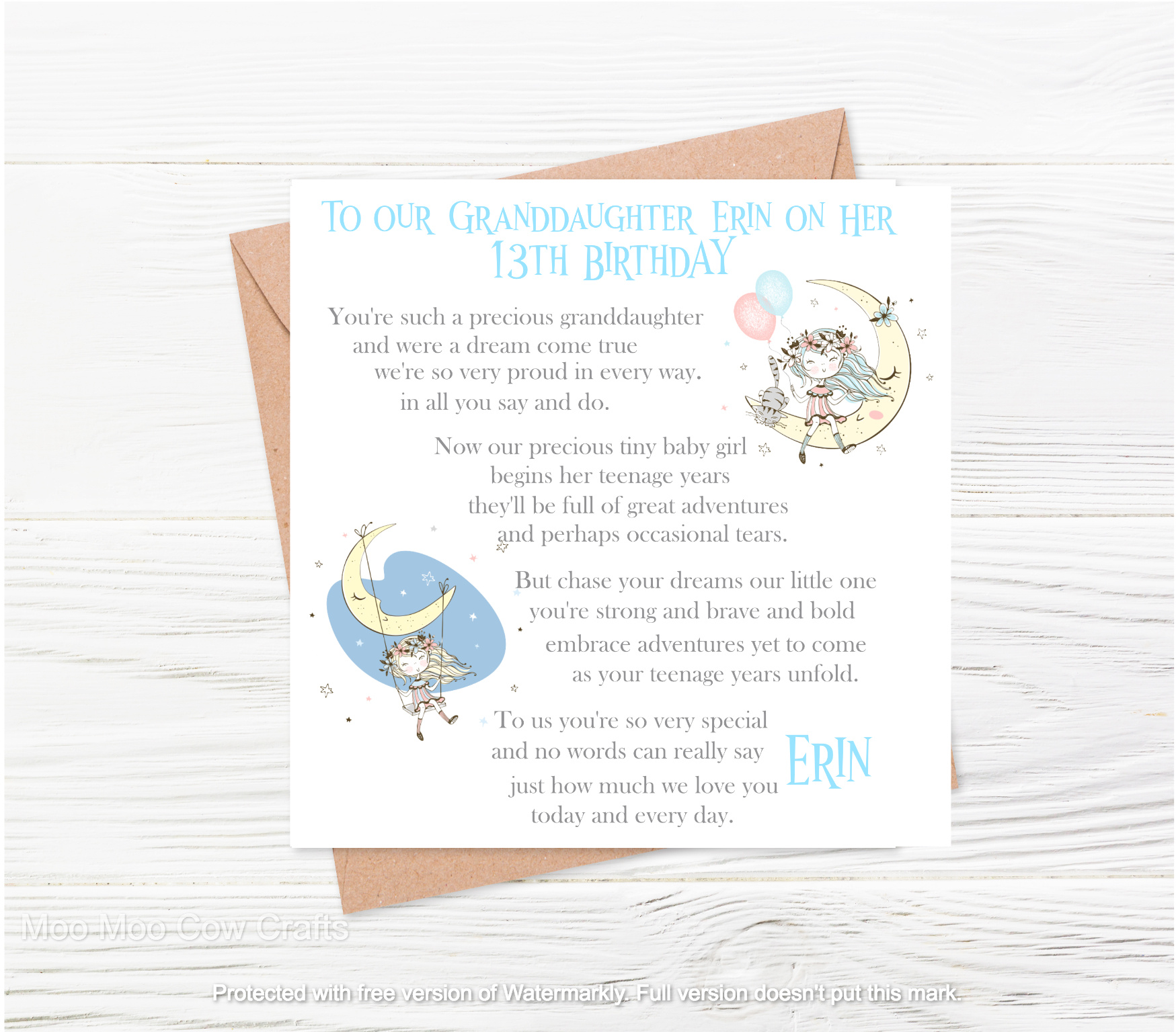 clipart girl on boom on white text with brown envelope on white wooden background