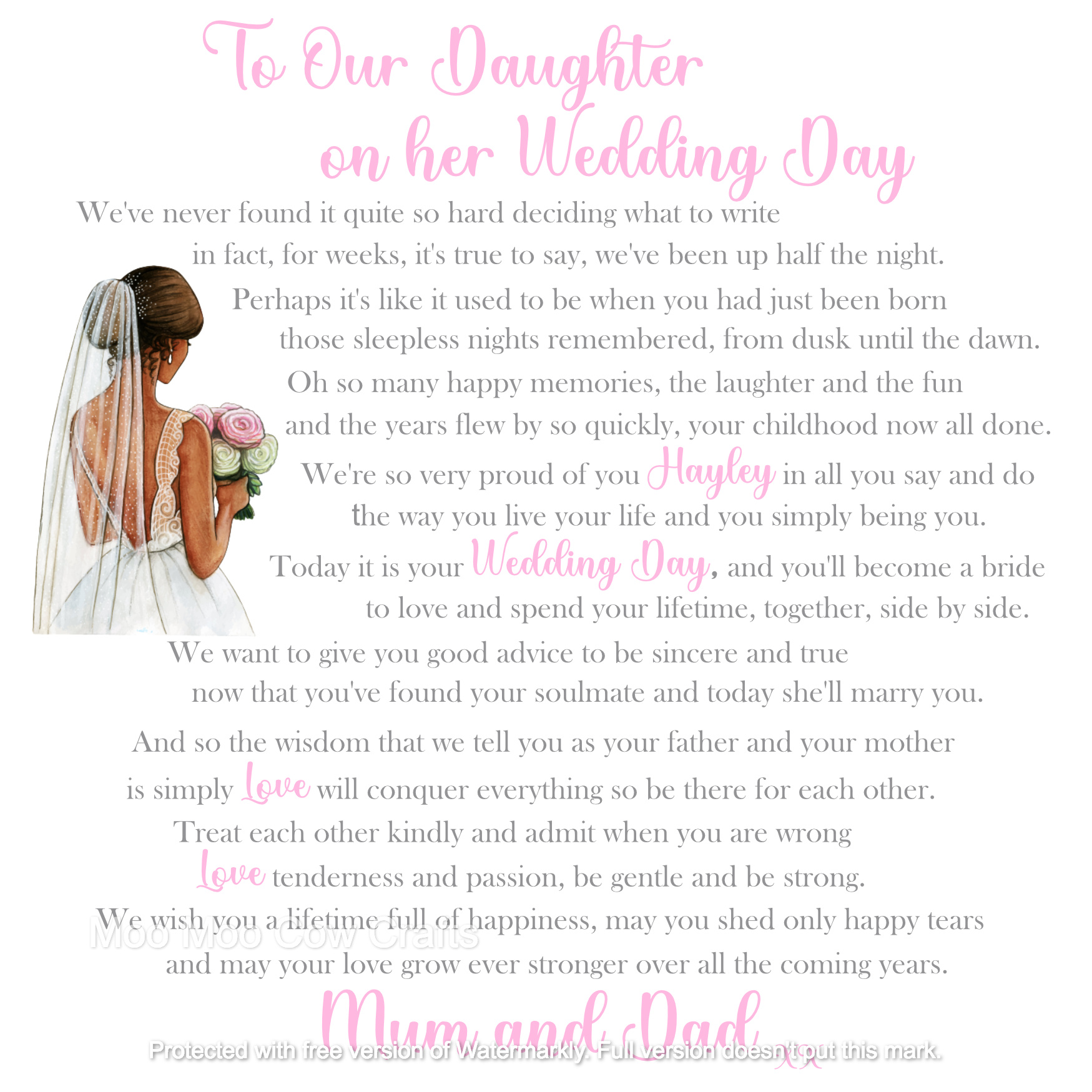 clipart bride with text on white wooden background