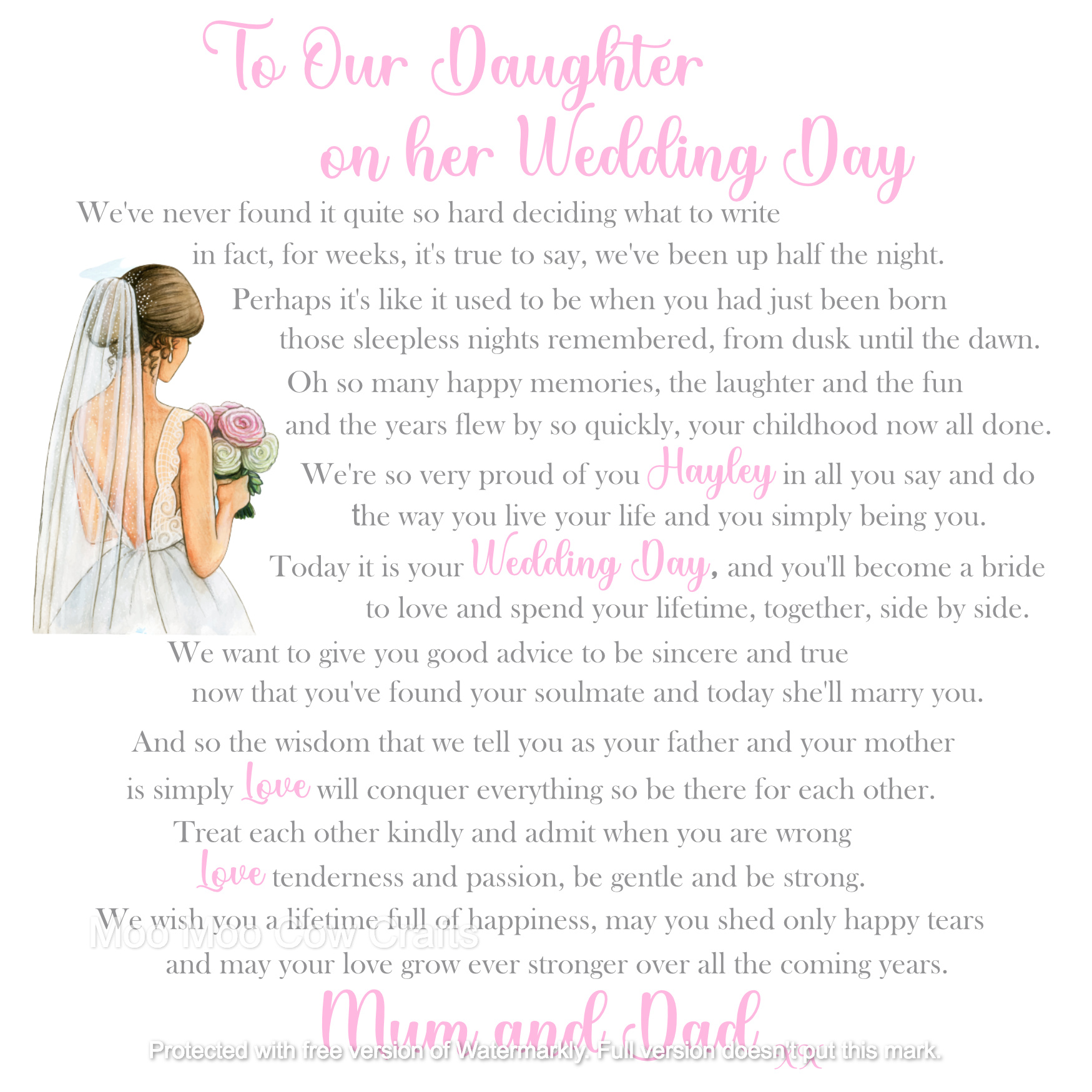 clipart bride with text on white wooden background