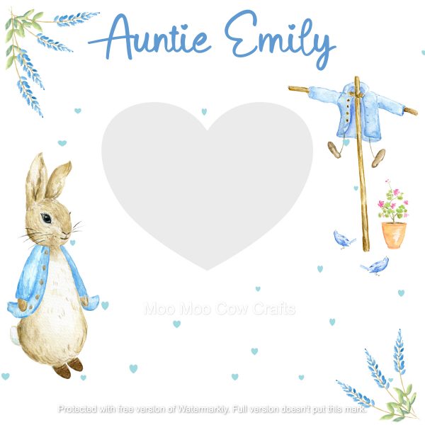 rabbit with scarecrow on white card with text