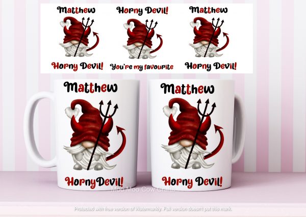 mug with devils on pink stripe background