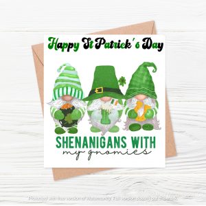 three green gnomes on a card