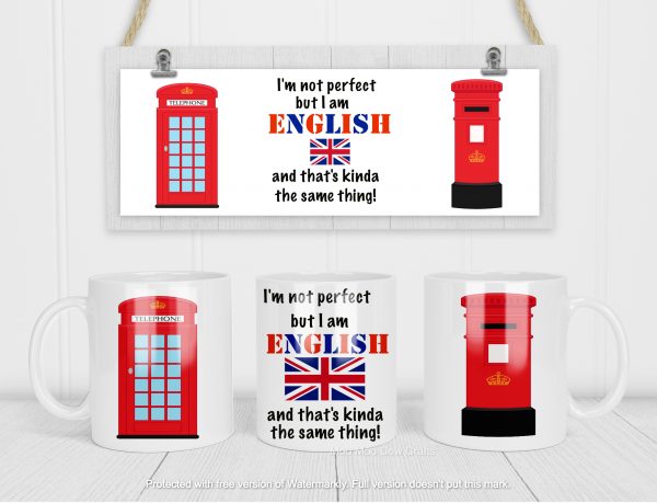 mugs with english icons on wooden background