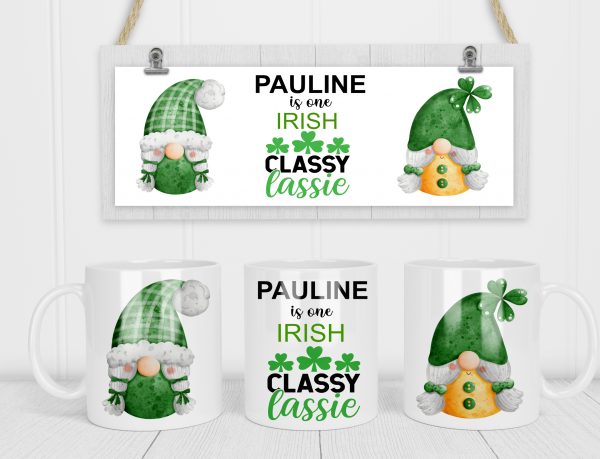 clipart of green gnomes with text on mugs and wooden background