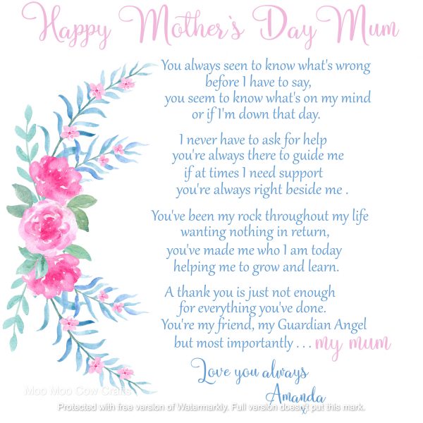 blue text with pink flowers on white background