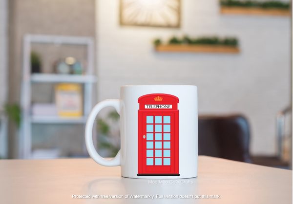 mug with red telphone box and modern background