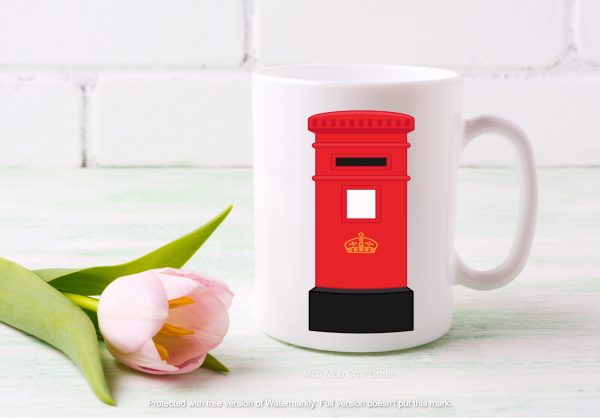 mug with red postbox and pink rose