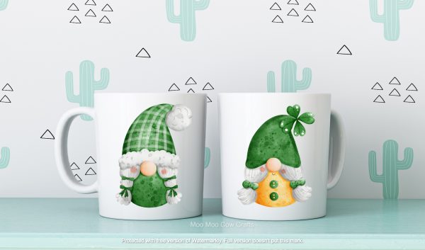 two mugs with hgnomes and green cacti wallpaper