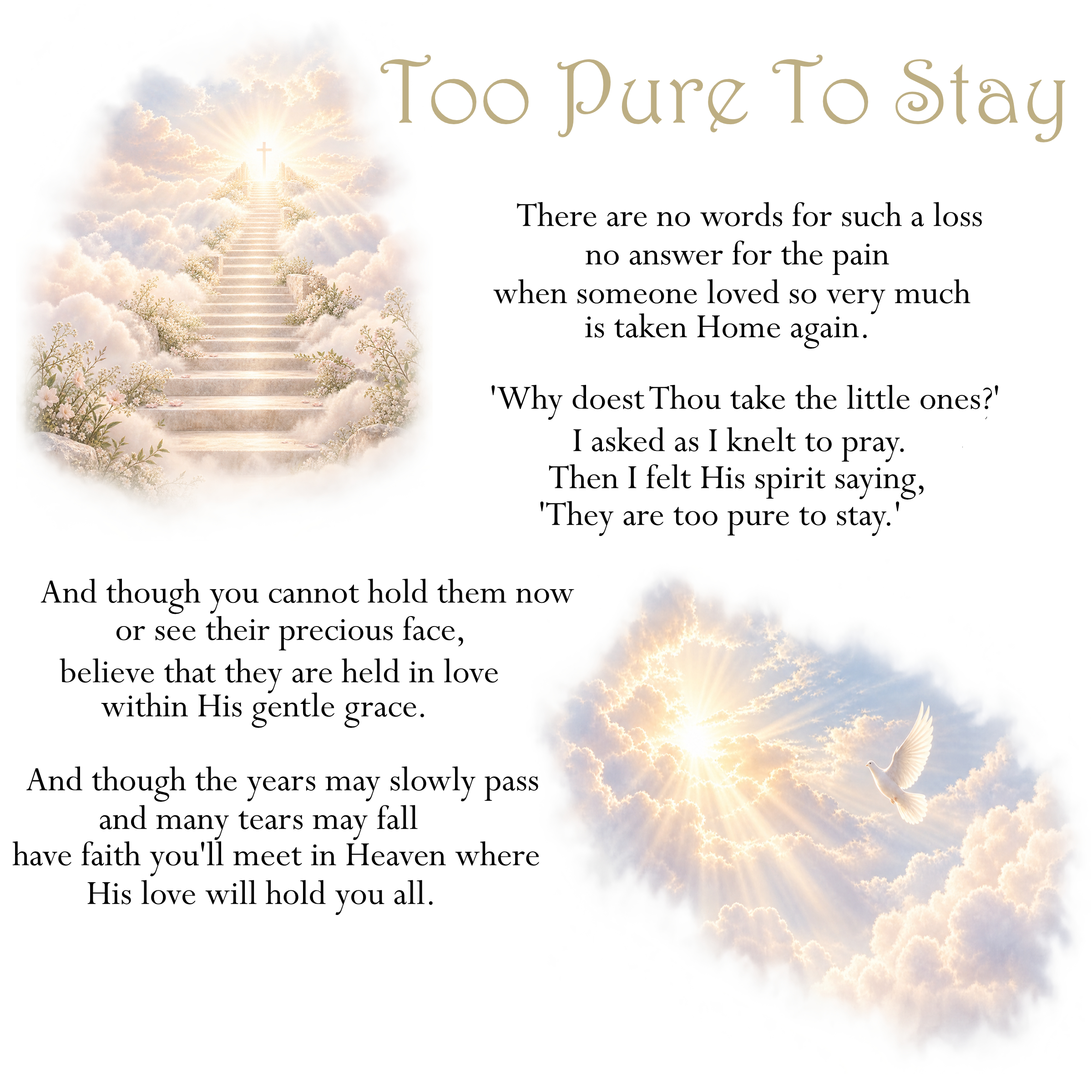 clip art images of stairway to heaven with clouds and a dove flying - black text - it's a sympathy card
