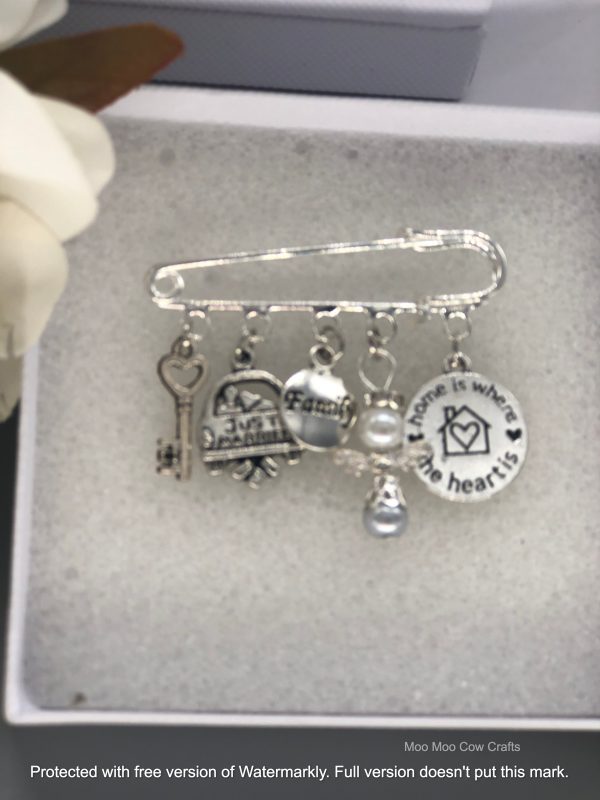 5 silver charms on kilt pin