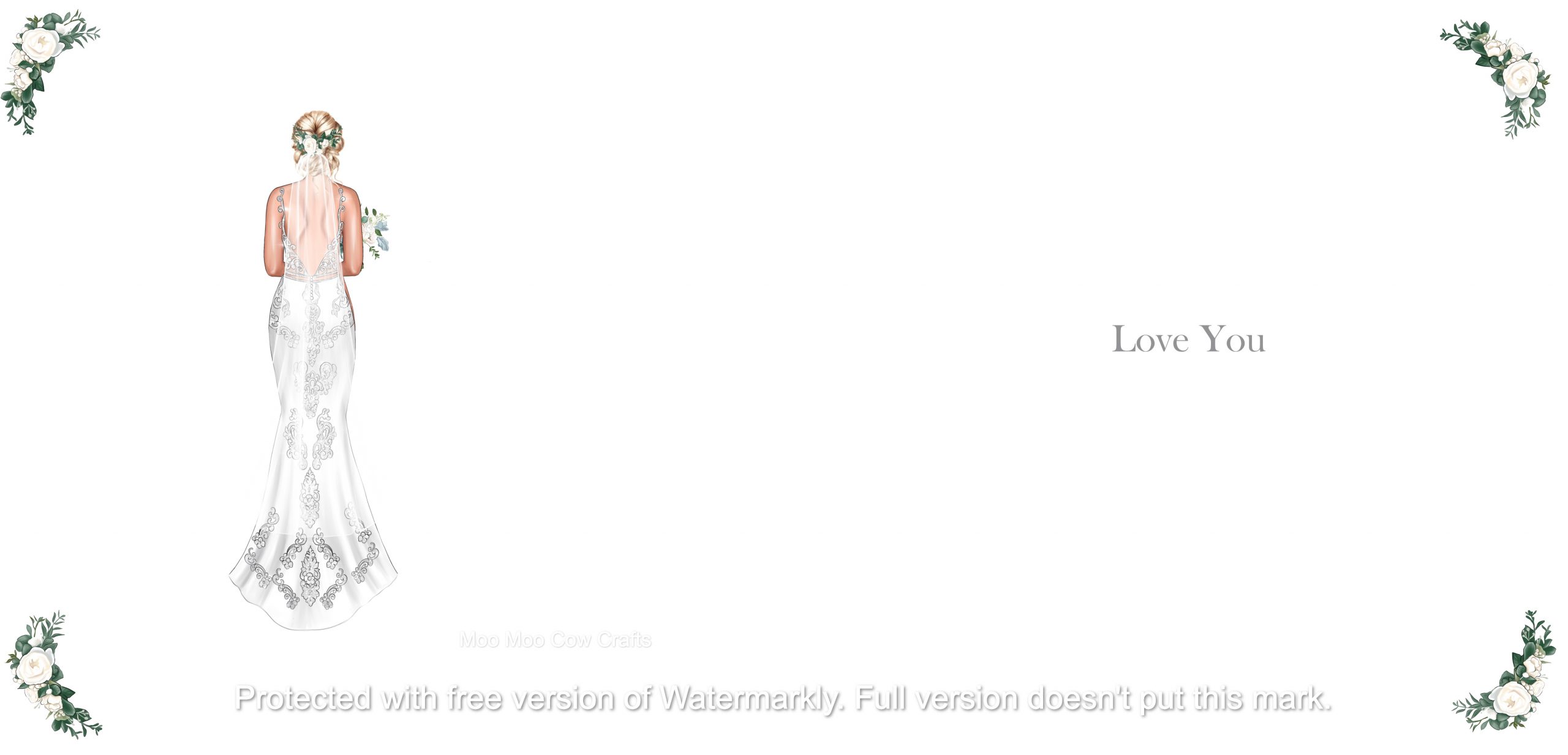 white background with bride and flowers in each corner