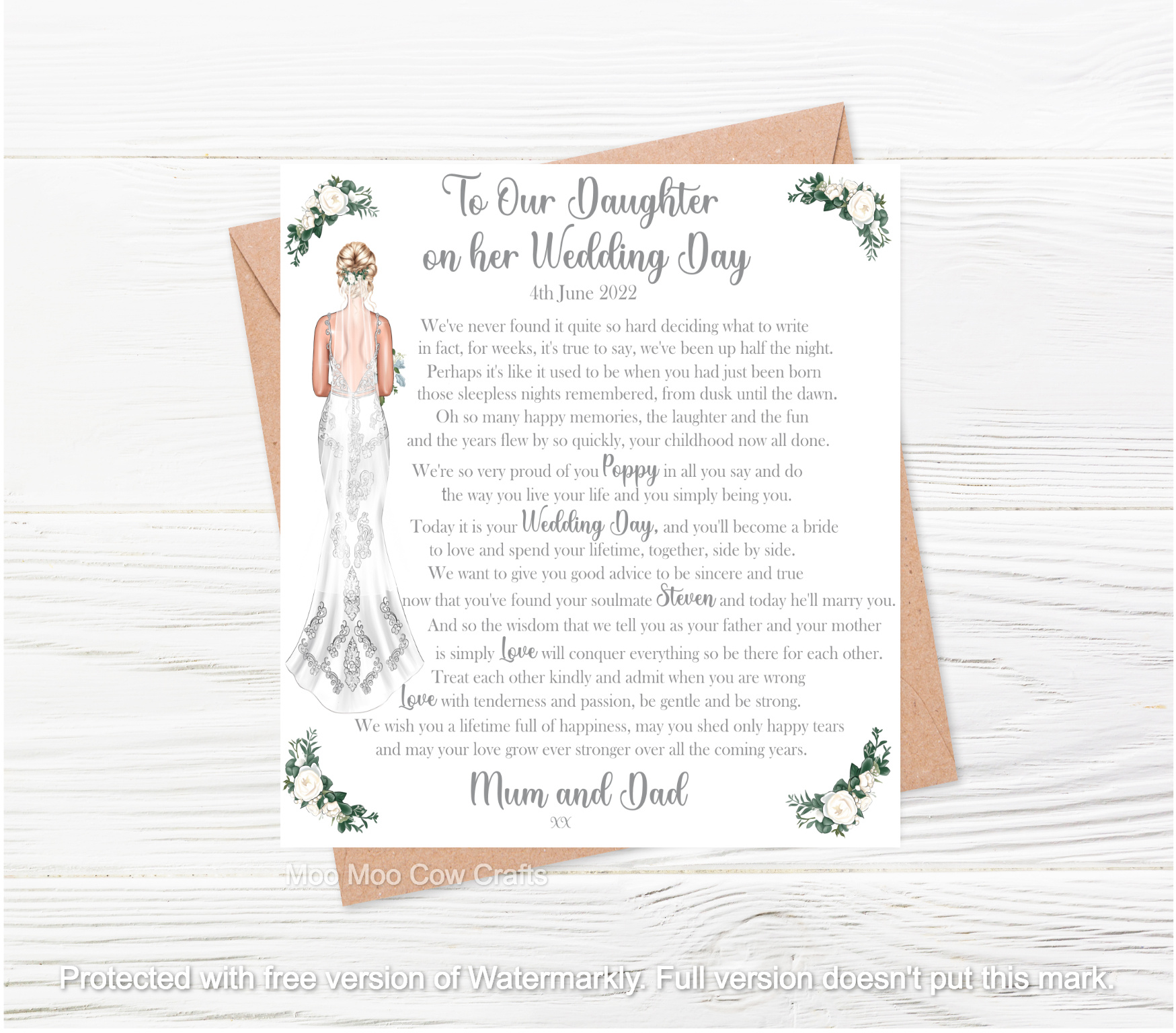 bride with text on brown envelope