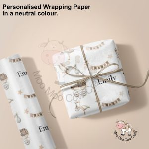 Mocha background with roll of wrapping paper and wrapped gift