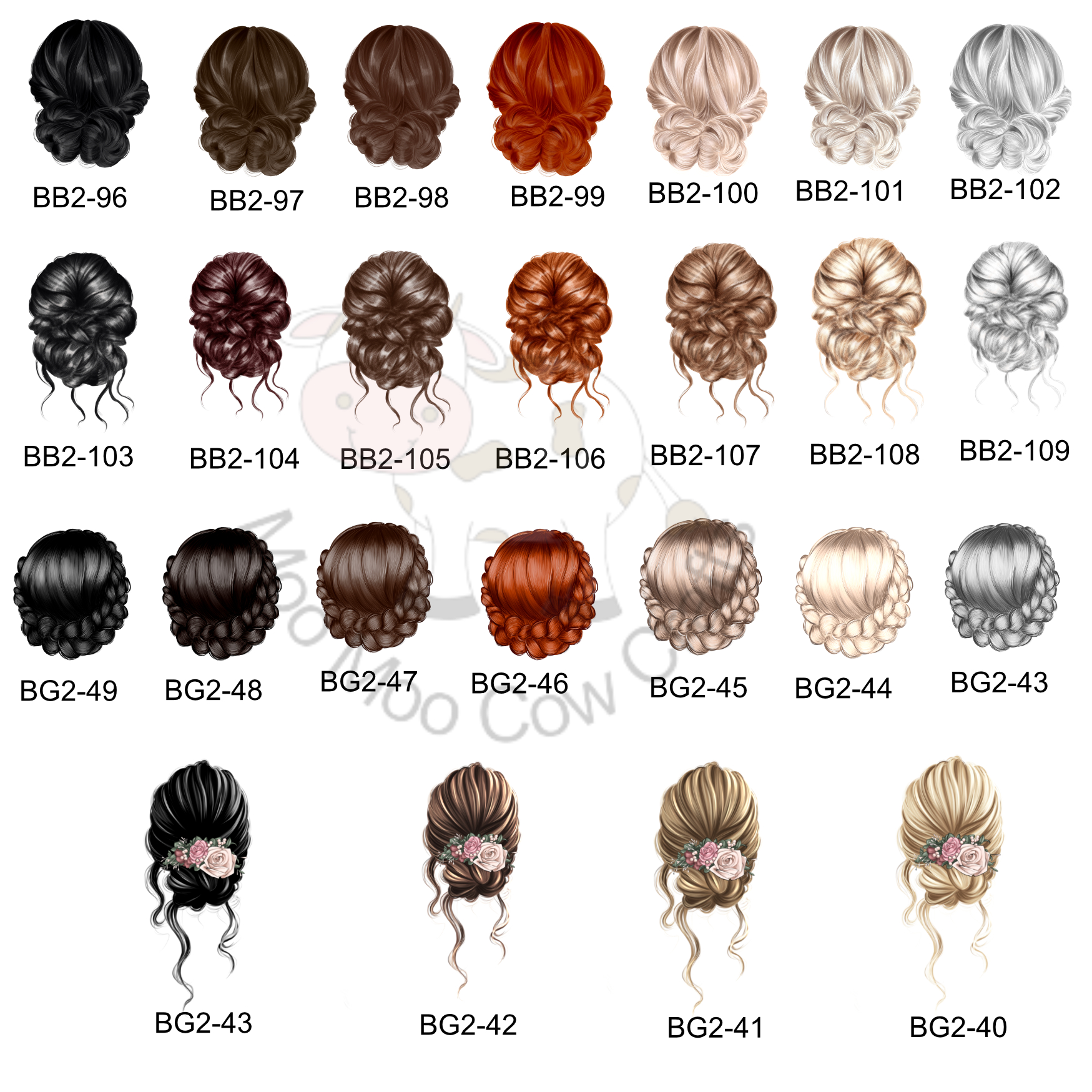 multiple hair designs on a white background with black text,