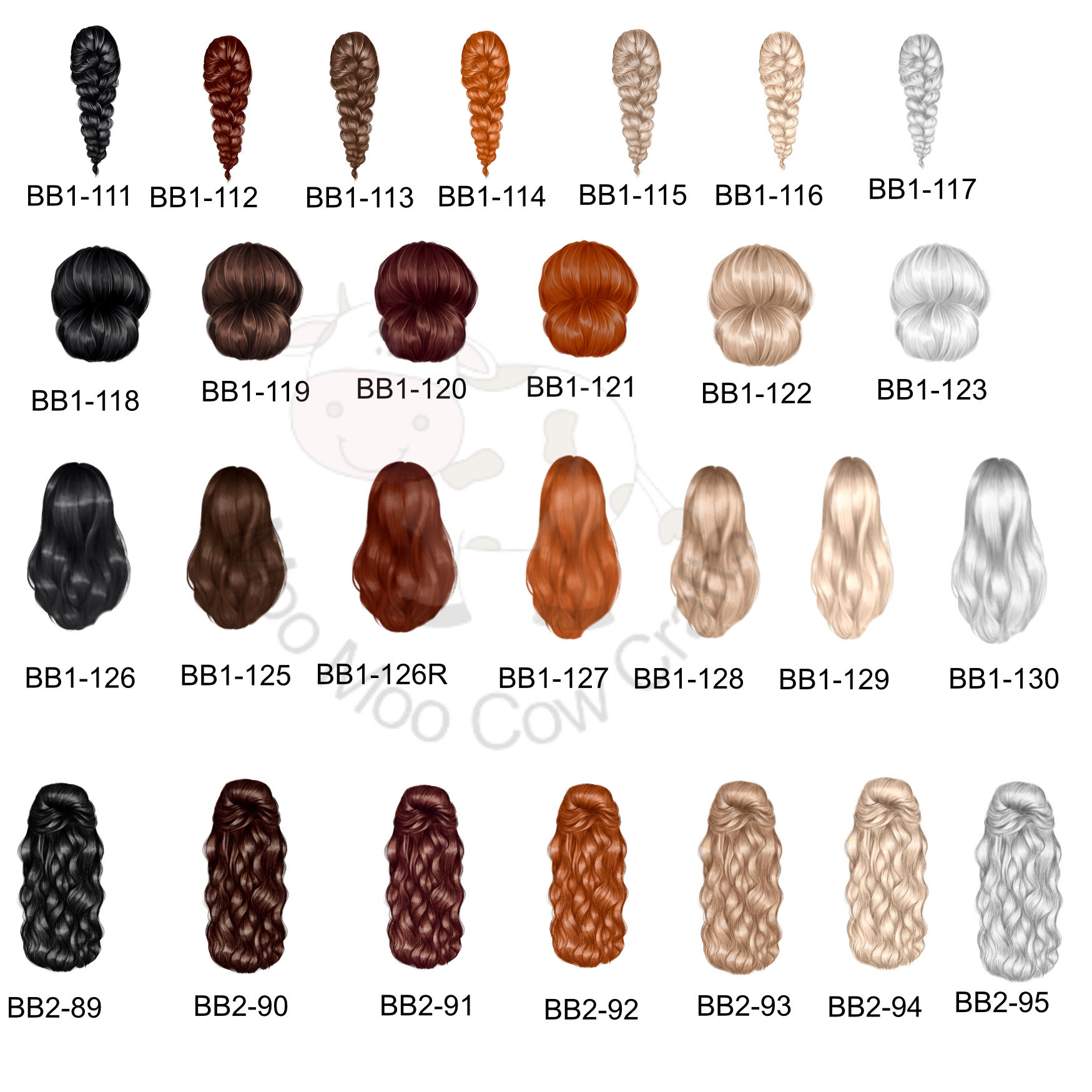 multiple hair designs on a white background with black text