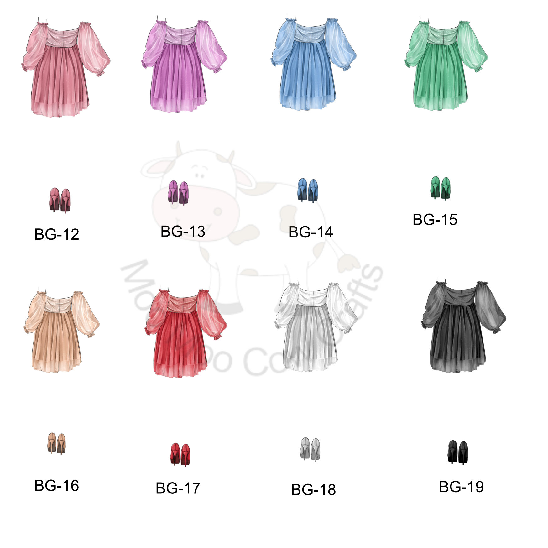 multiple dress images on a white bakground with black text.