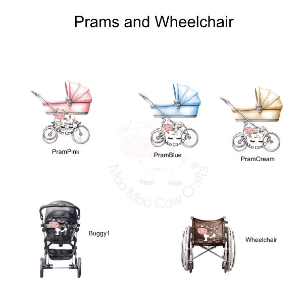 5 prams on a white background