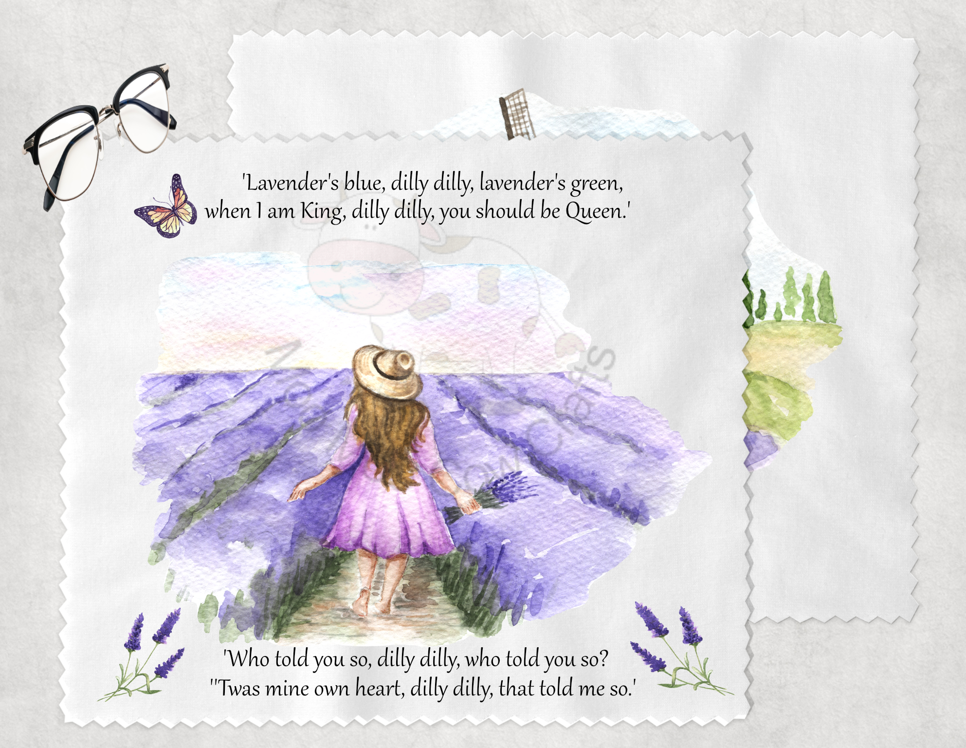 Lavender field image with girl and glasses