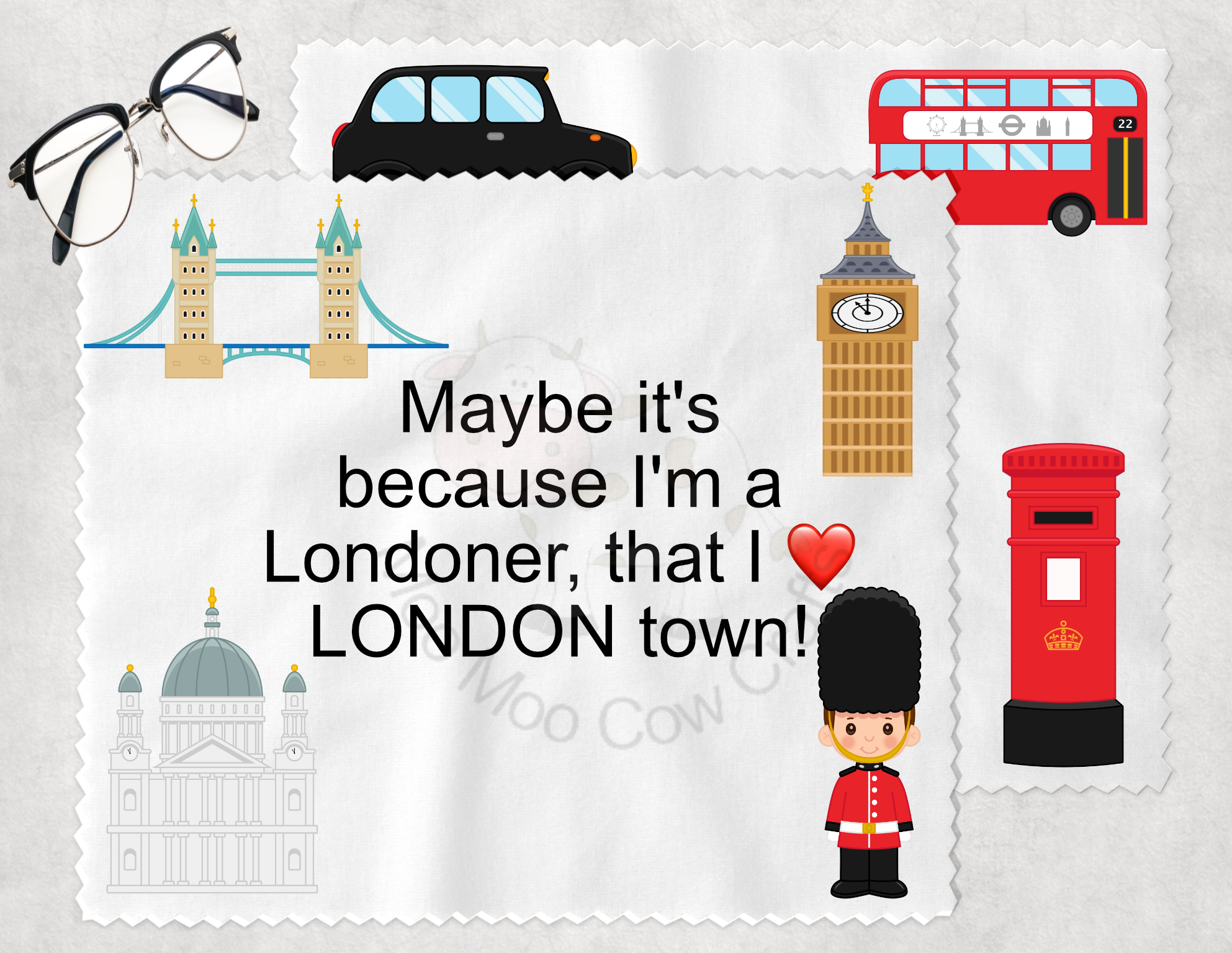 Icons of London on white background with glasses.