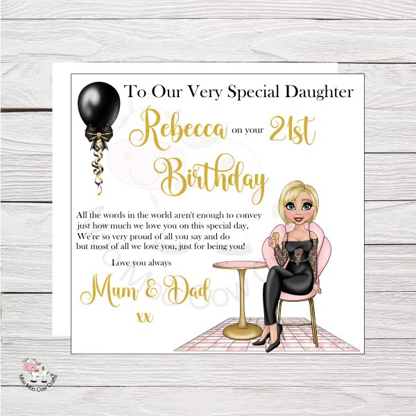 White wooden background with white square with clipart of girl sitting, balloon and text.