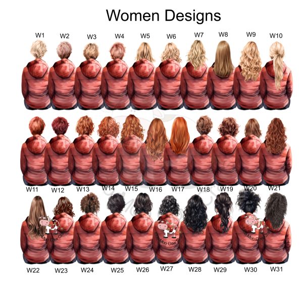 3 rows of women wearing coats with their backs facing
